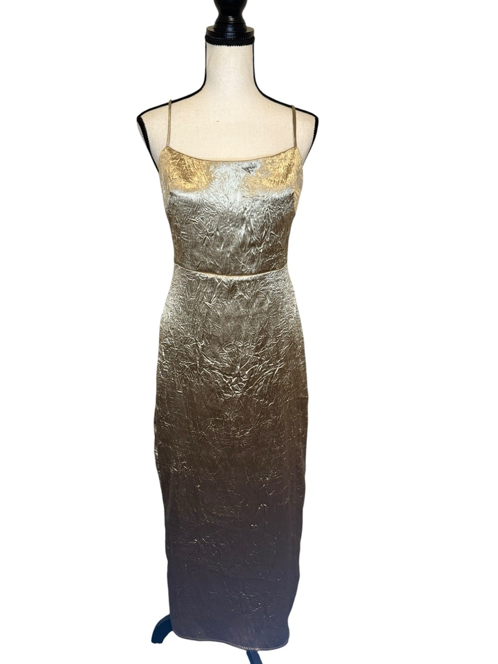 RIHOAS Gold Metallic Crushed Satin Maxi Dress
